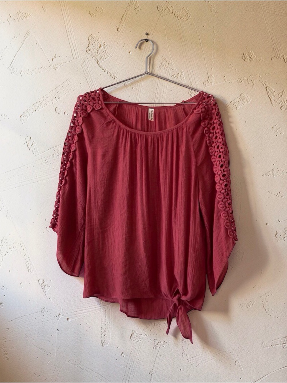 Per Seption Concept Boho Crochet Lace Sleeve Tie Front Blouse Size L